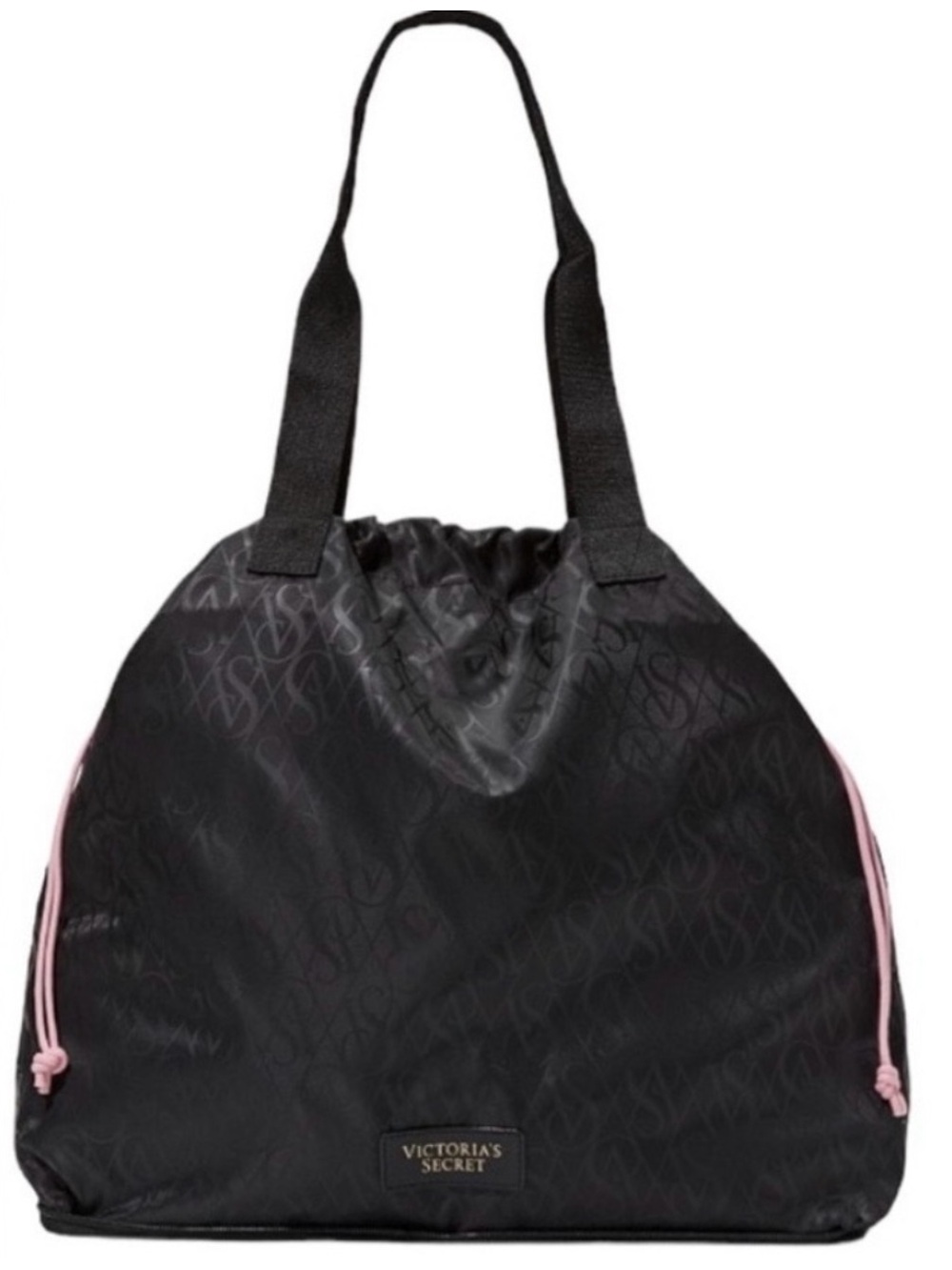 NWT Victoria's Secret Black Packable Tote with Pink Drawstring Accents